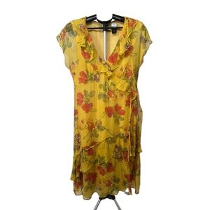 Sundance Dress Yellow Floral‎ Print Ruffled Trim Short Sleeve VNeck Size 12